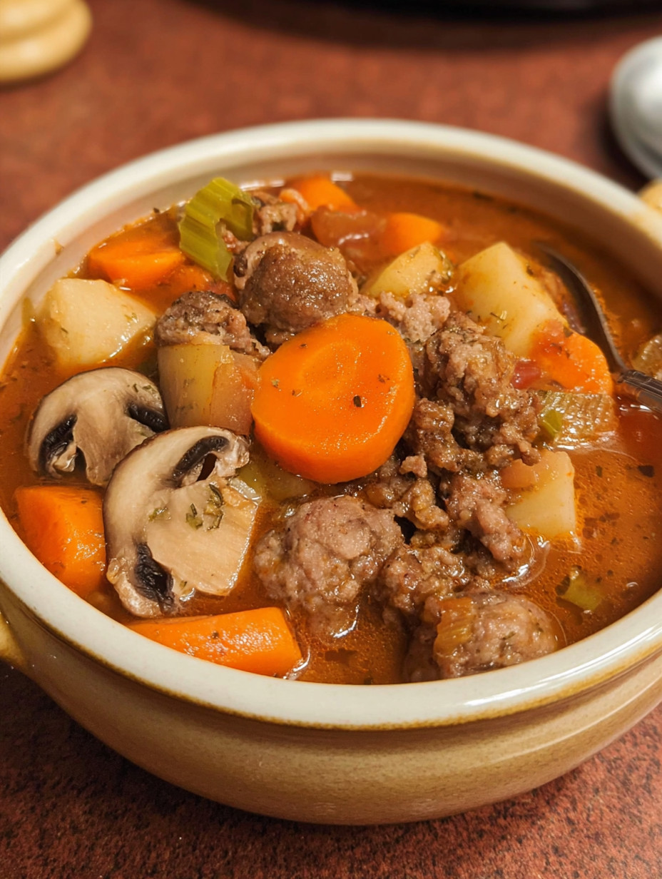 A bowl of stew with meat and vegetables.
