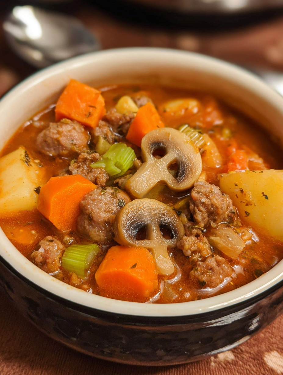 A bowl of soup with a skull on it.
