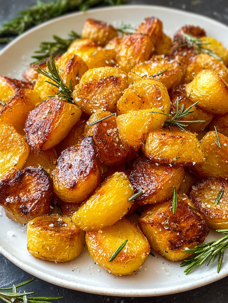 A plate of roasted potatoes with rosemary and garlic.