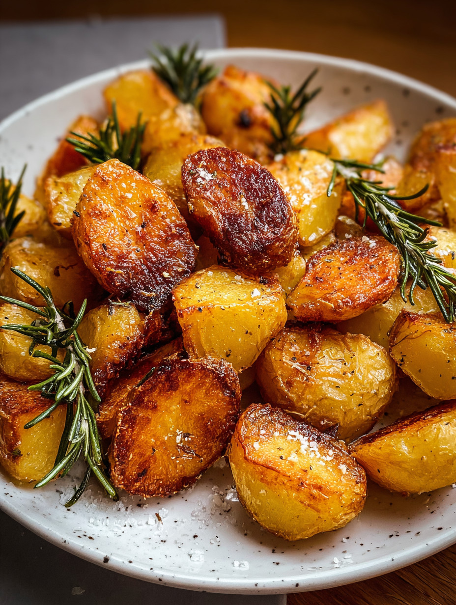 A plate of roasted potatoes with rosemary and garlic.