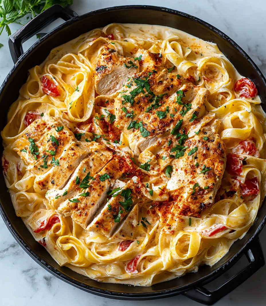 A bowl of creamy cajun chicken pasta.