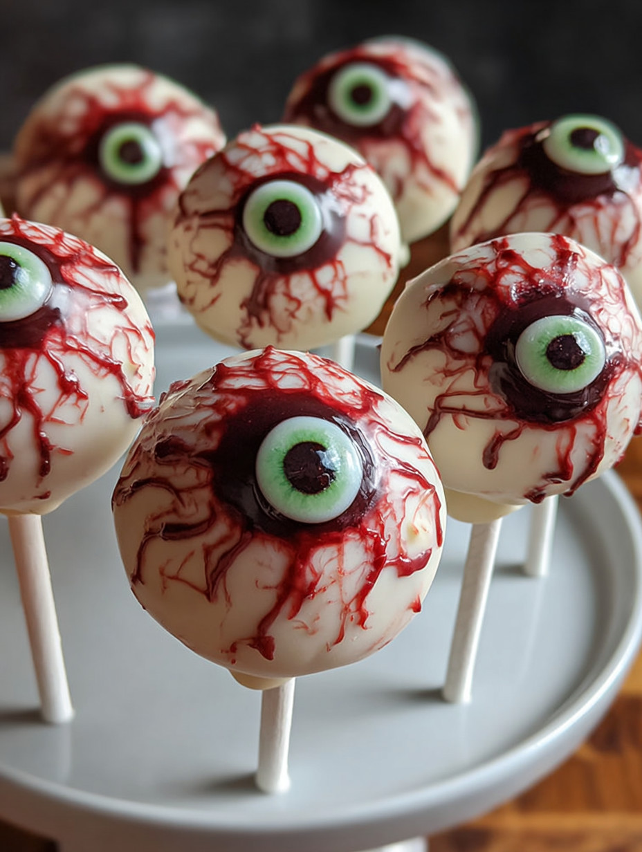 A plate of monster eyeball cake pops.