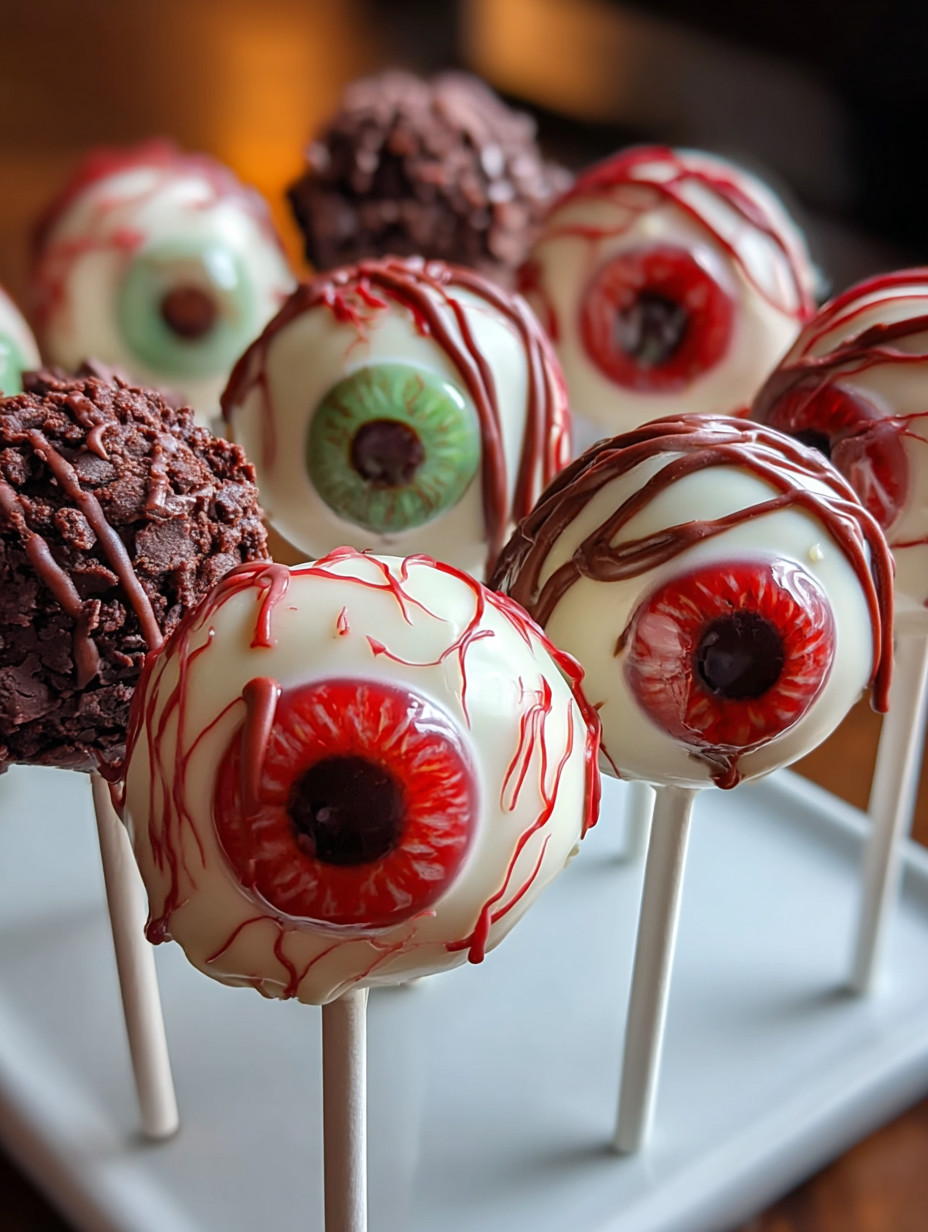 A plate of monster eyeball cake pops.