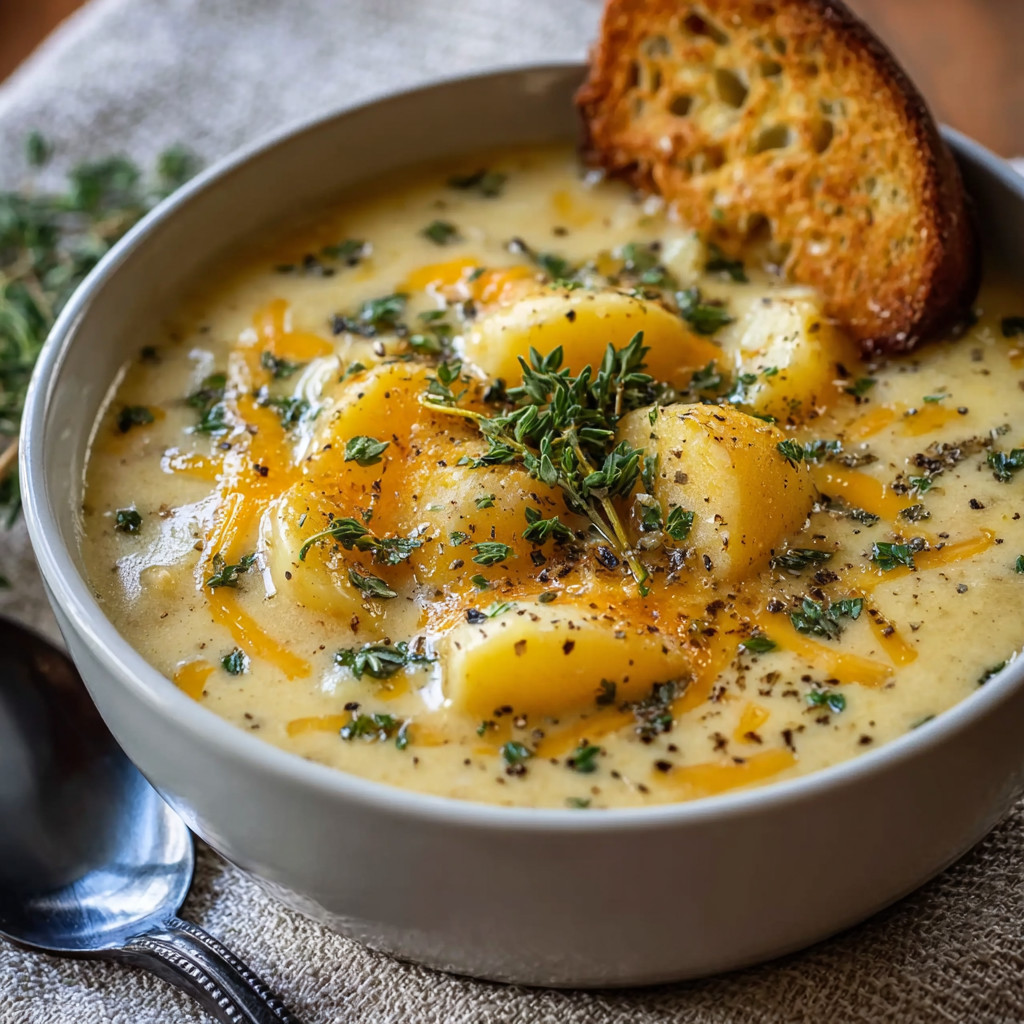 A bowl of soup with a spoon in it.