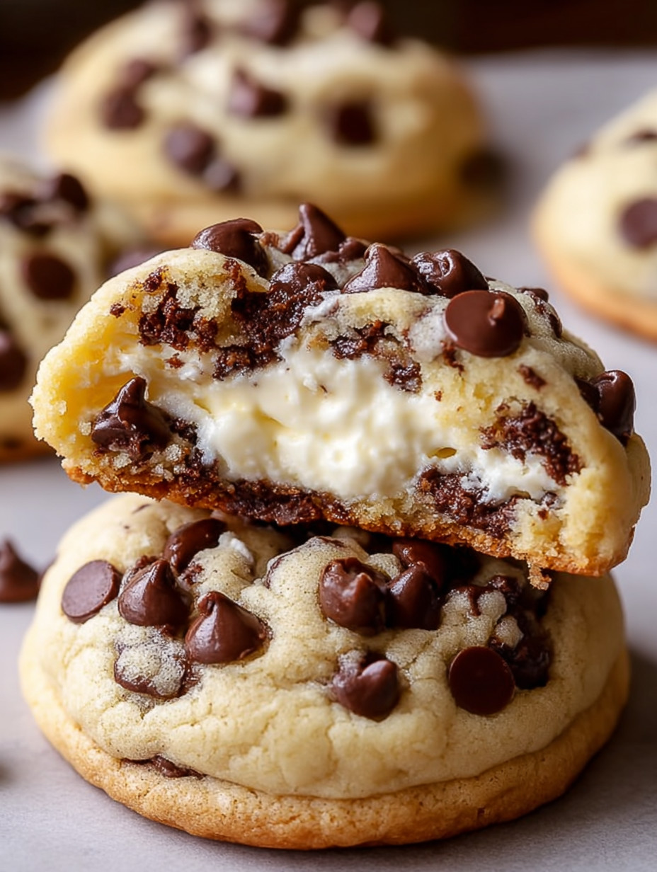A close up of a chocolate chip cheesecake cookie.