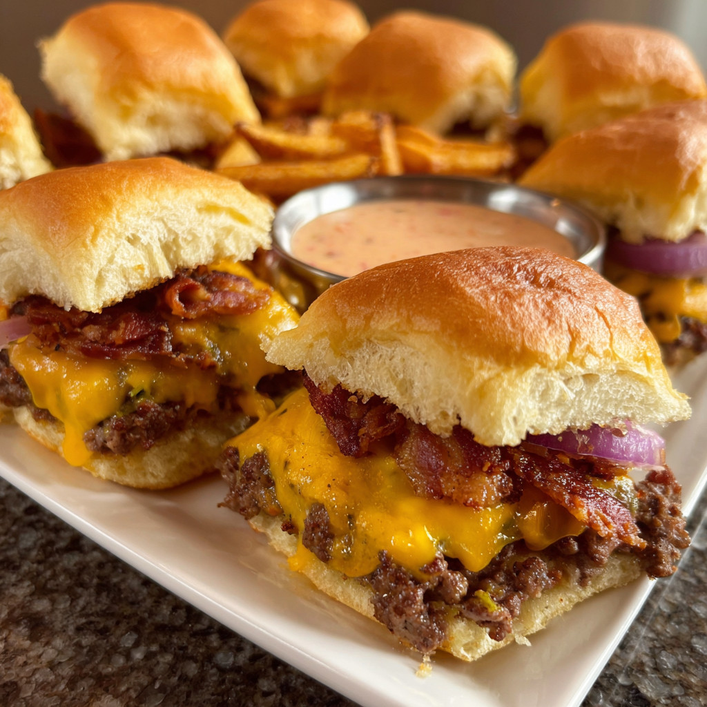 A plate of bacon cheeseburger sliders.