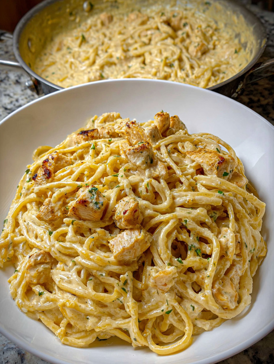 A plate of spaghetti with chicken and cheese.