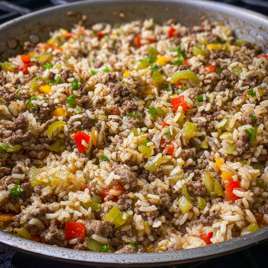 A pan of rice with meat and vegetables.