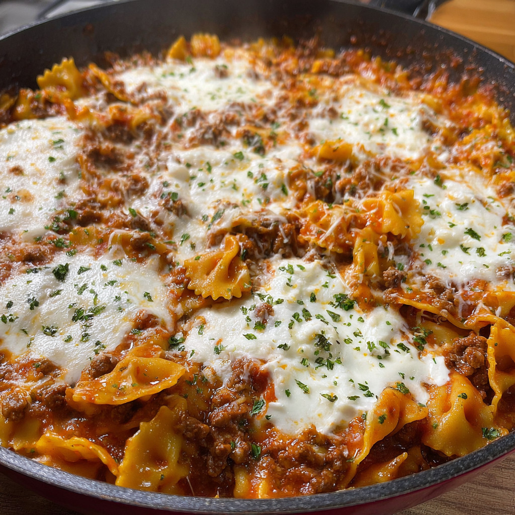 A skillet of lasagna with cheese and meat.