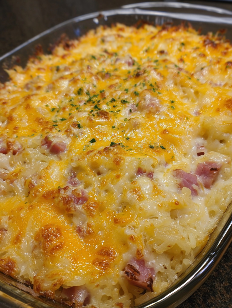 A close up of a cheesy ham hashbrown casserole.