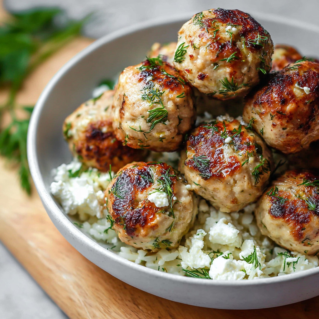 A bowl of meatballs with feta cheese and herbs.