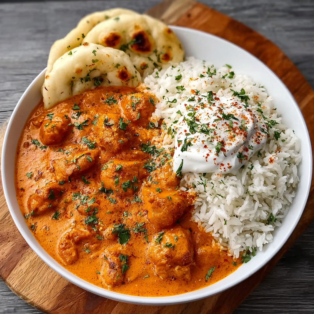 A bowl of food with rice, butter chicken, and a dollop of butter.