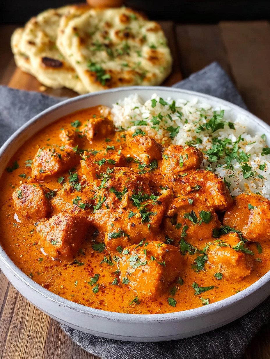 A bowl of butter chicken with rice and naan.