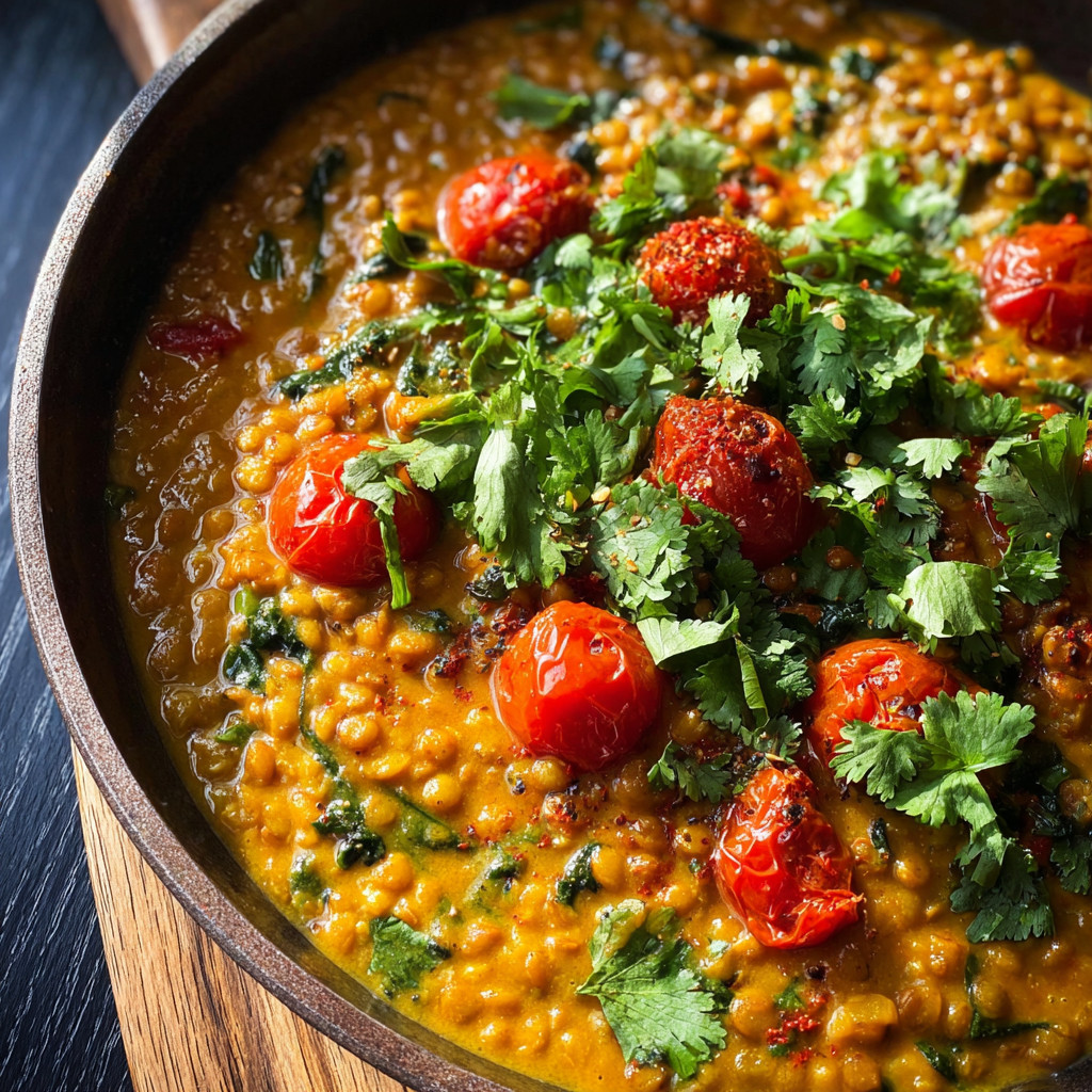 A bowl of creamy coconut lentil curry.