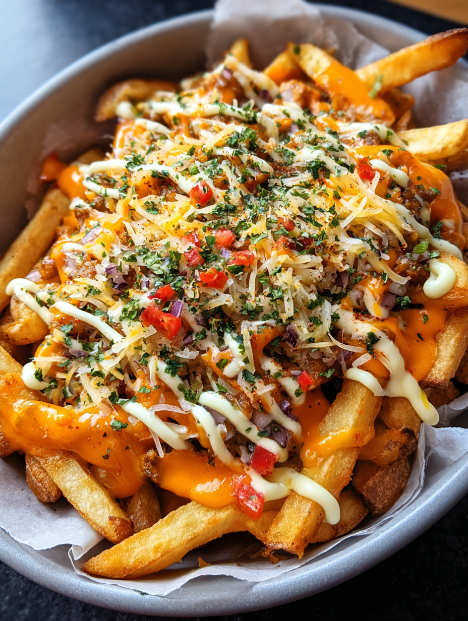 A plate of dirty fries with cheese and tomatoes.
