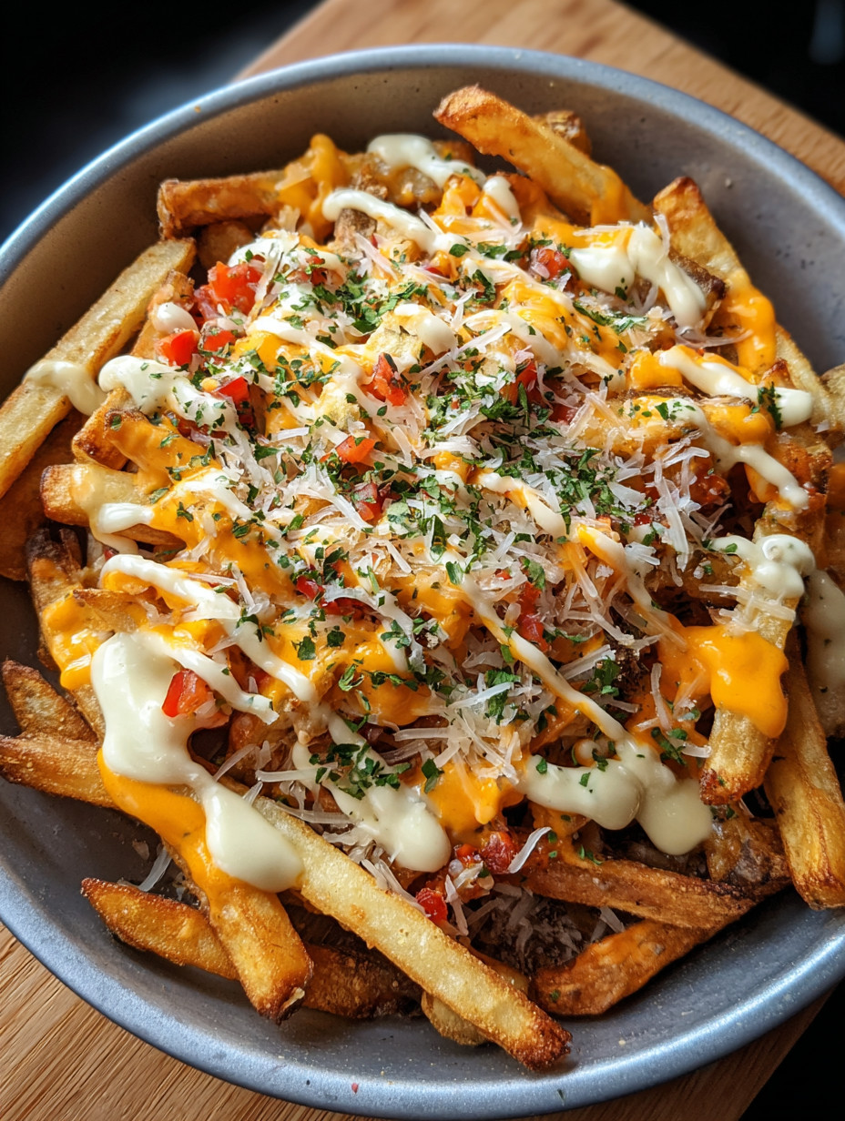 A plate of dirty fries with cheese and tomatoes.