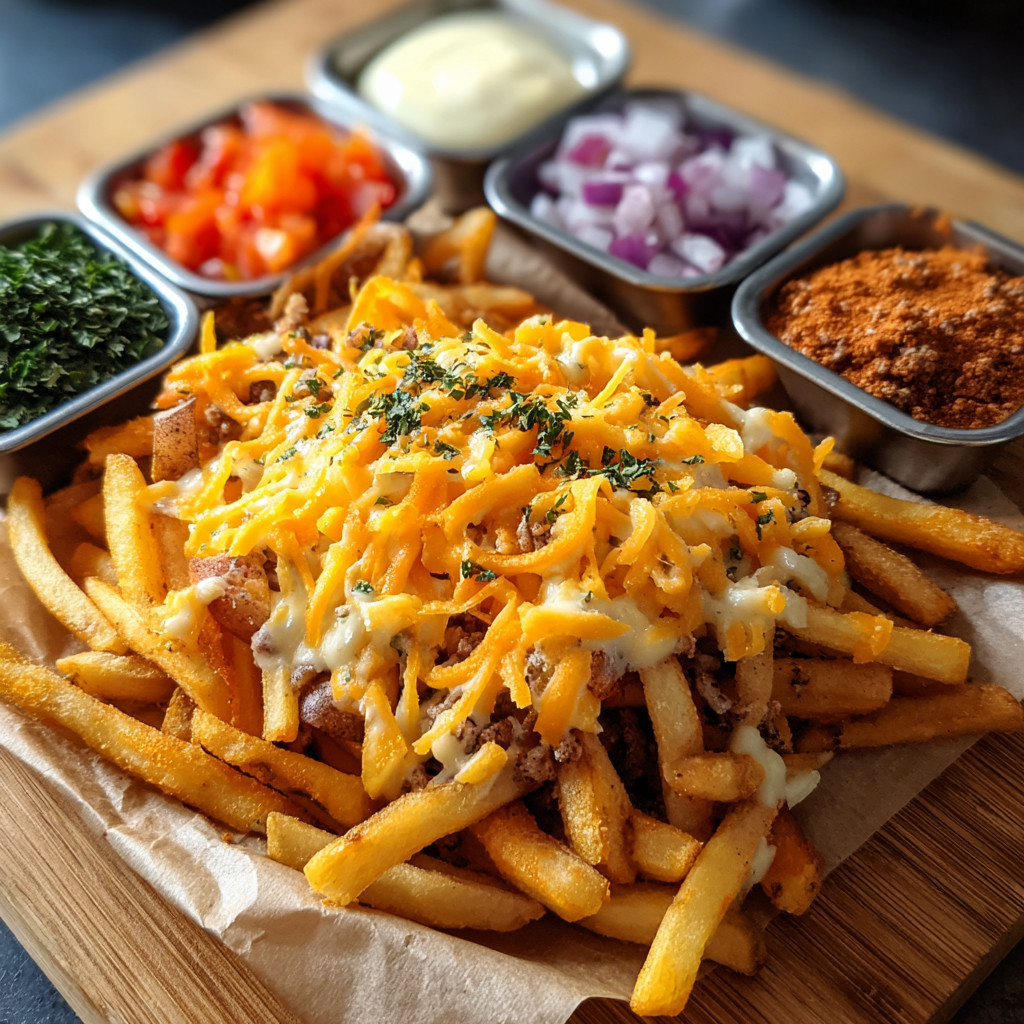 A plate of dirty fries with various toppings.