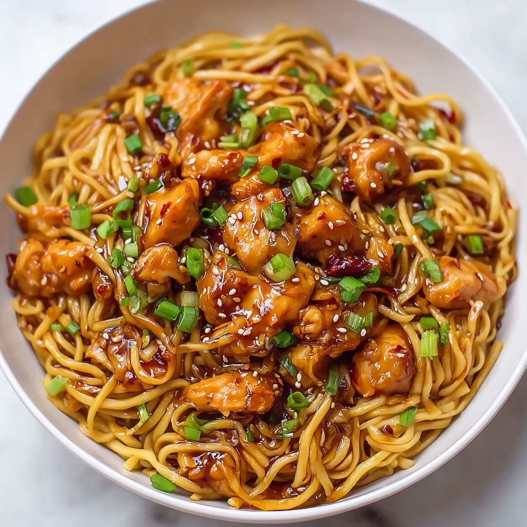 A bowl of noodles with chicken and vegetables.