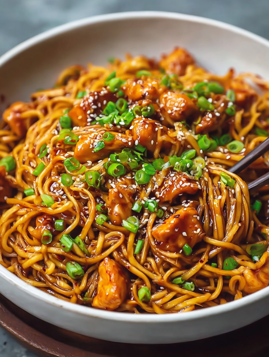 A bowl of noodles with chicken and vegetables.