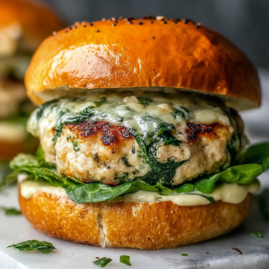 A close up of a white cheddar and spinach chicken burger.