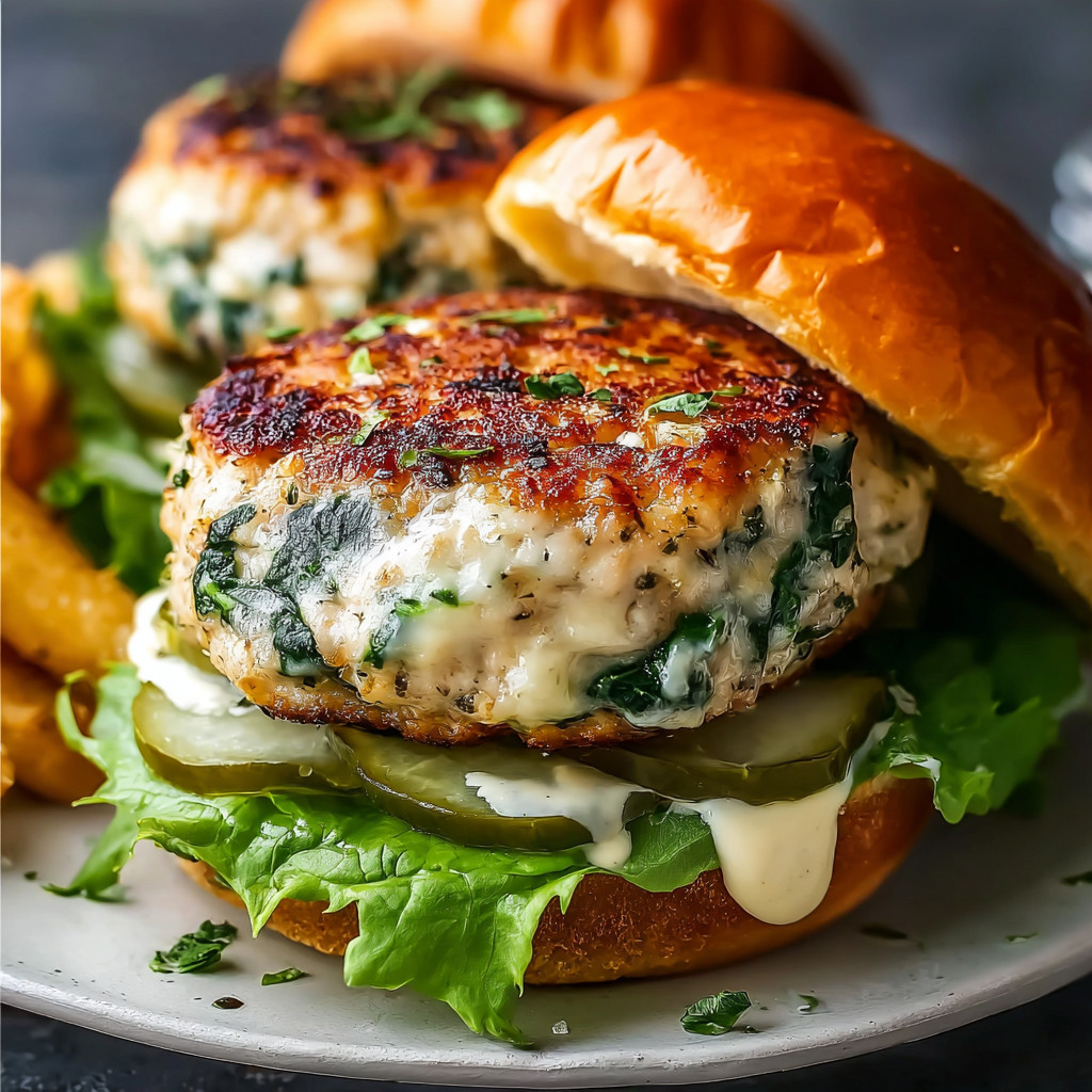 Two white cheddar and spinach chicken burgers on a plate.