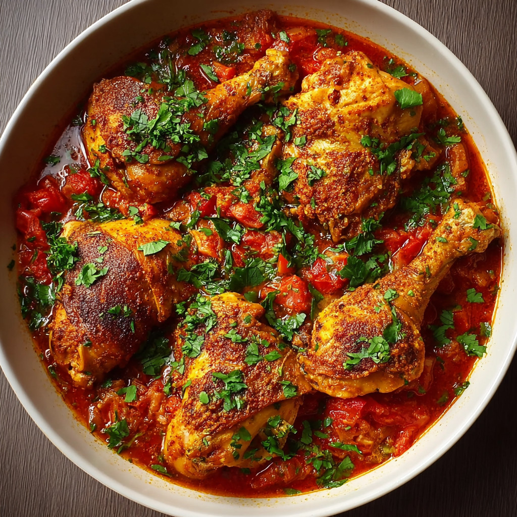 A bowl of chicken with tomatoes and herbs.