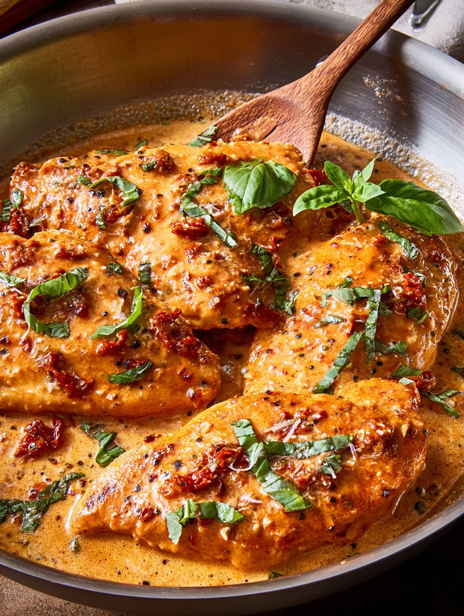 A pan of chicken with a wooden spoon in it.