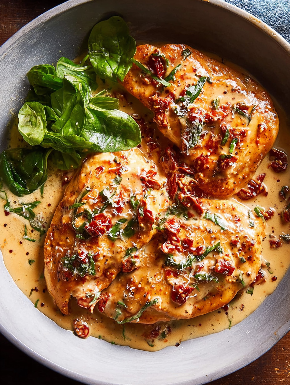 A plate of chicken with sauce and greens.