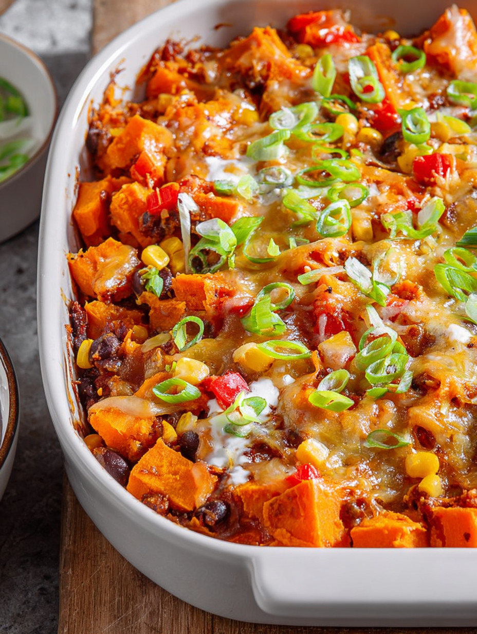 A dish of chili cheese sweet potato casserole.