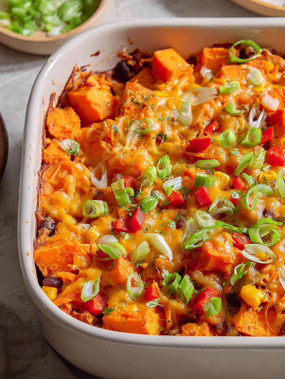 A dish of chili cheese sweet potato casserole.