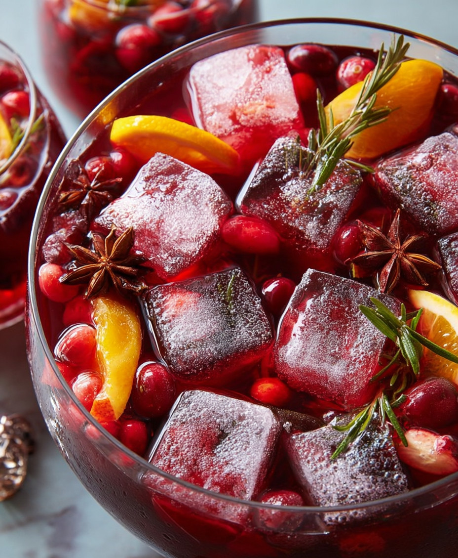A glass bowl filled with a red drink and orange slices.
