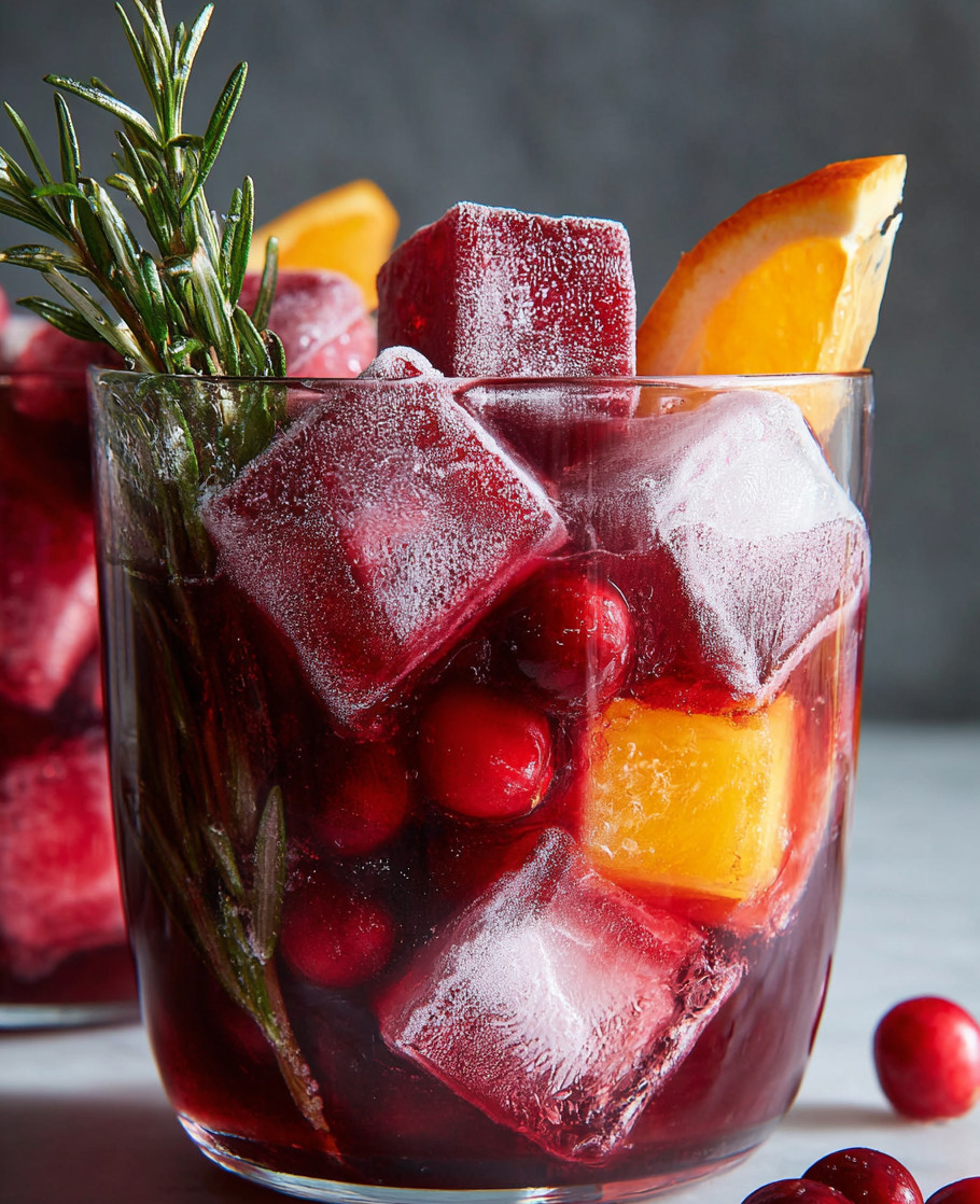 A glass of red wine with ice cubes and fruit.