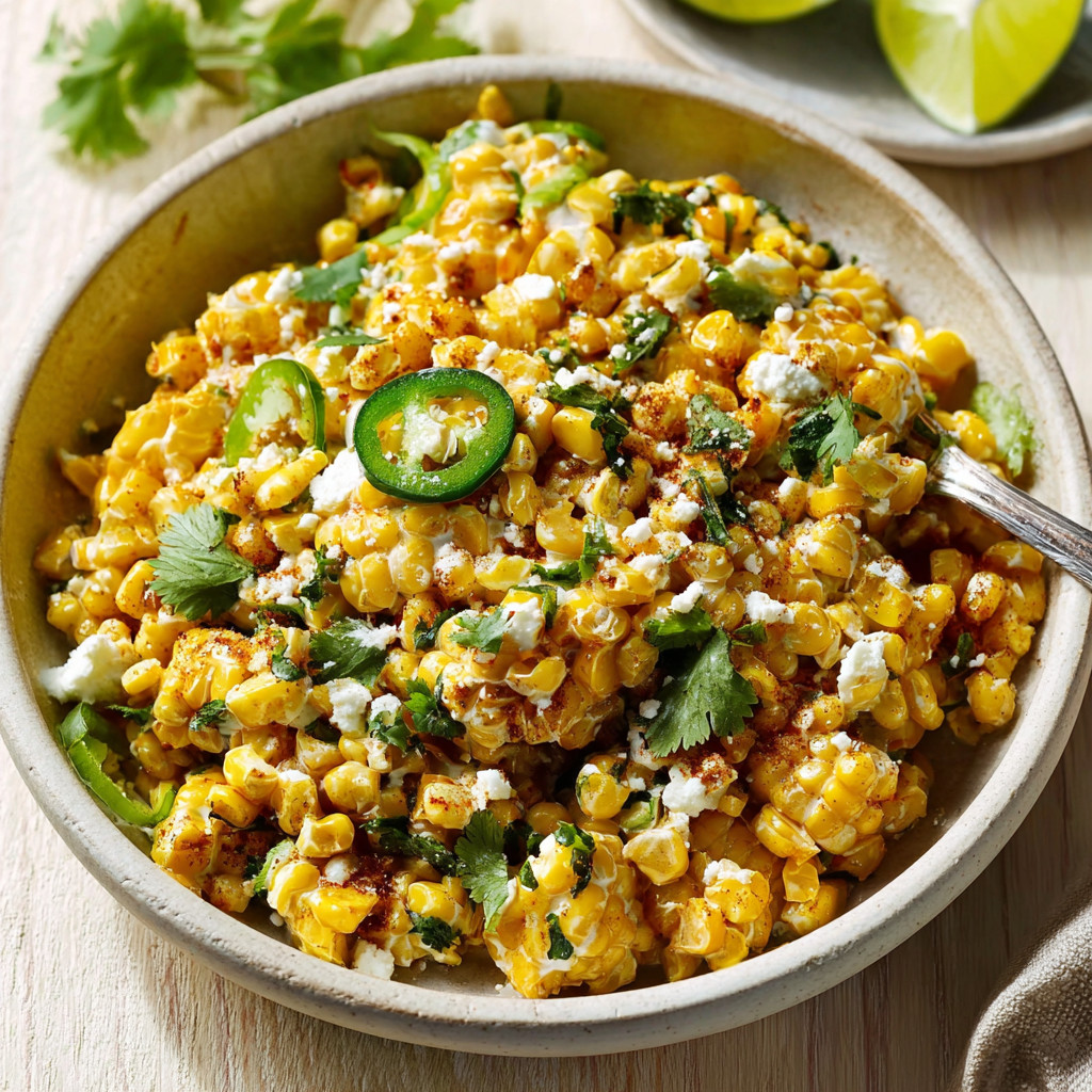 A bowl of Mexican corn salad with jalapenos and cheese.
