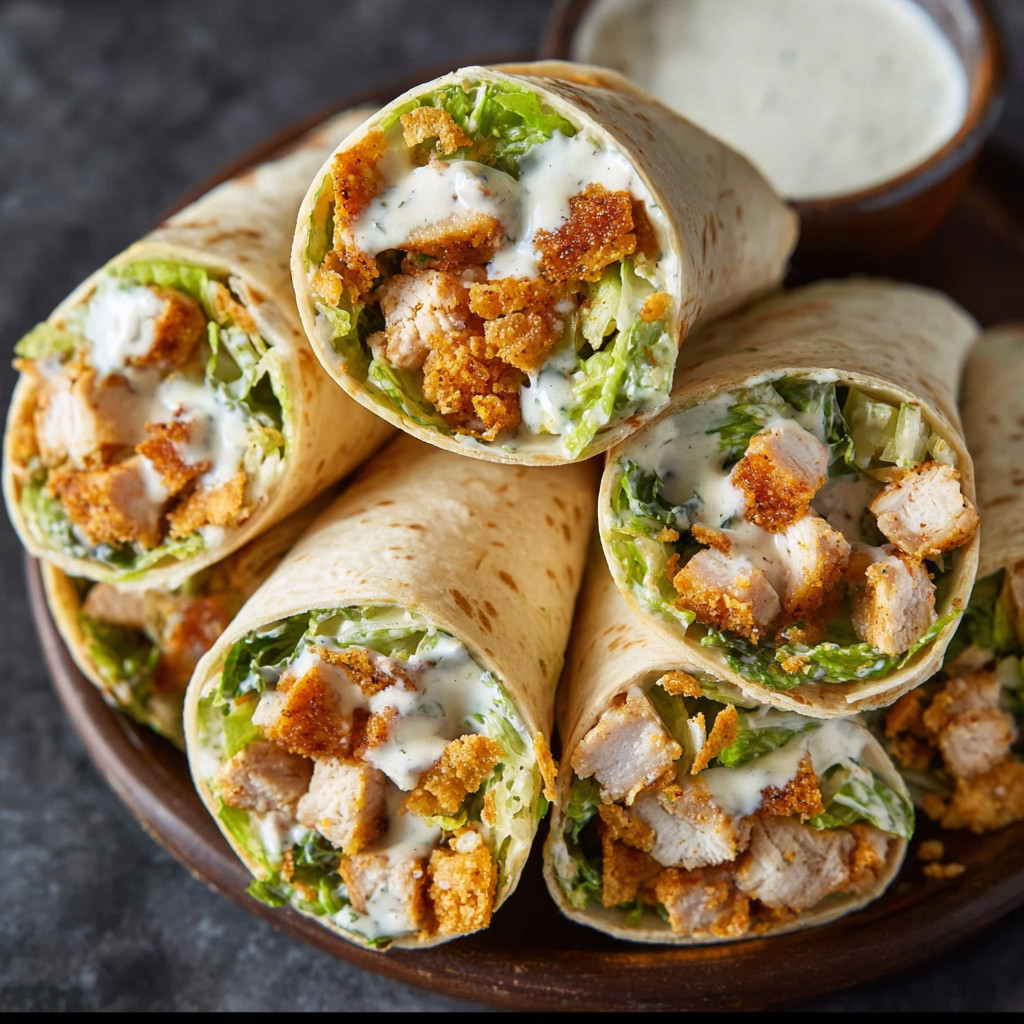 A plate of chicken Caesar wraps.
