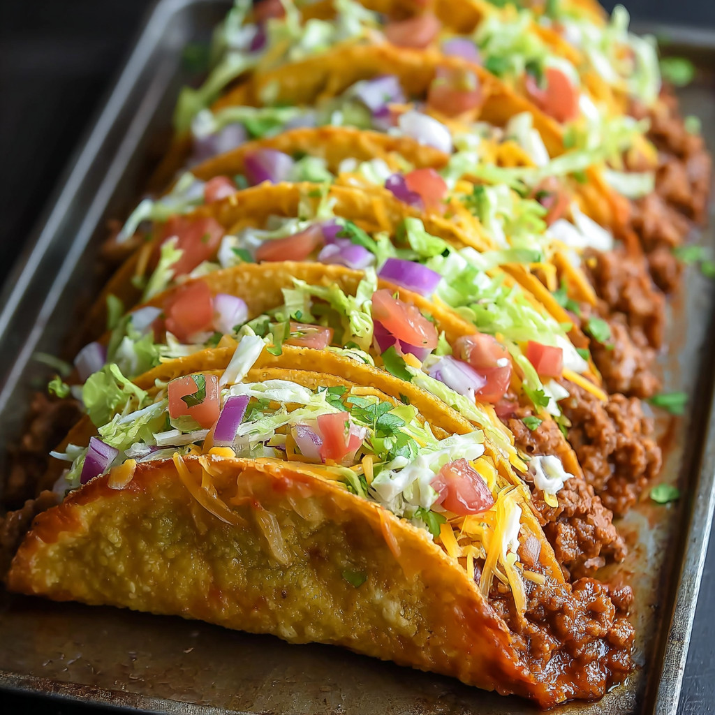 A pan of cheesy tacos with tomatoes and lettuce.