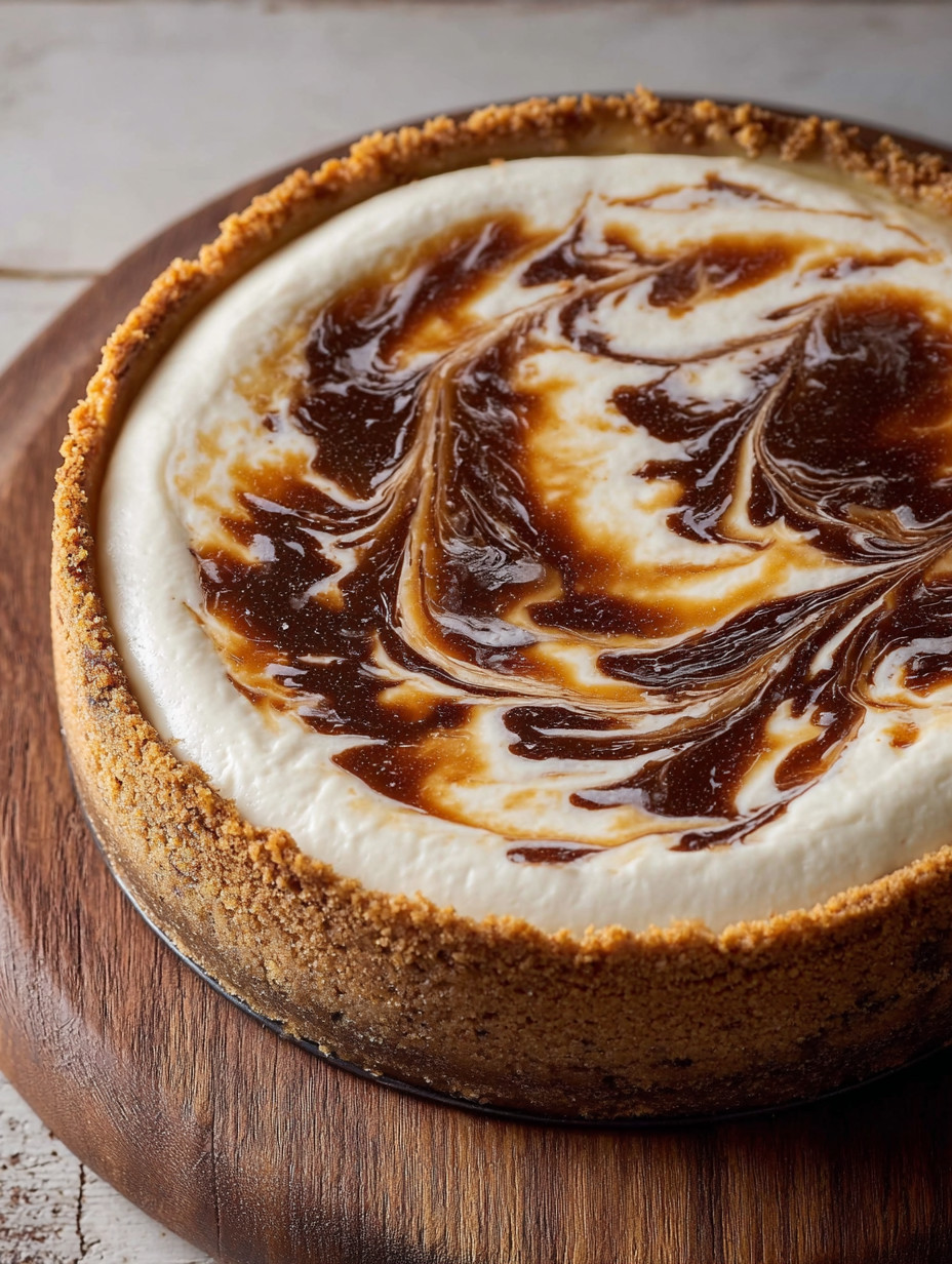 A slice of apple butter cheesecake on a wooden board.