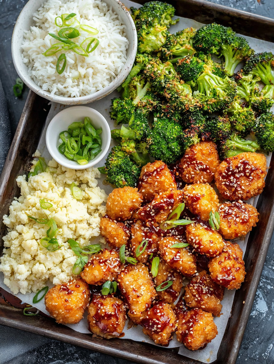 A tray of food with chicken, broccoli, and rice.