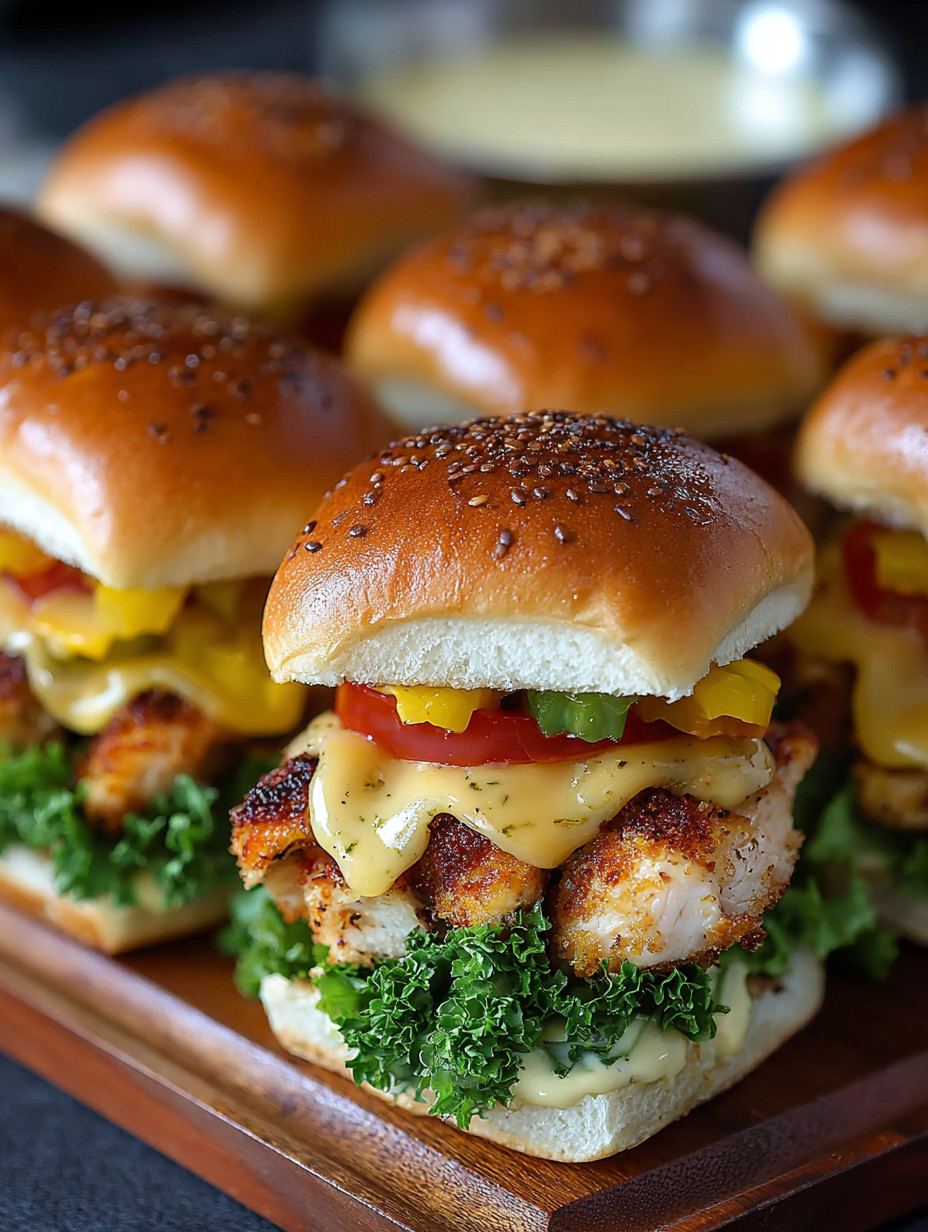 A plate of chicken sliders with lettuce and tomato.