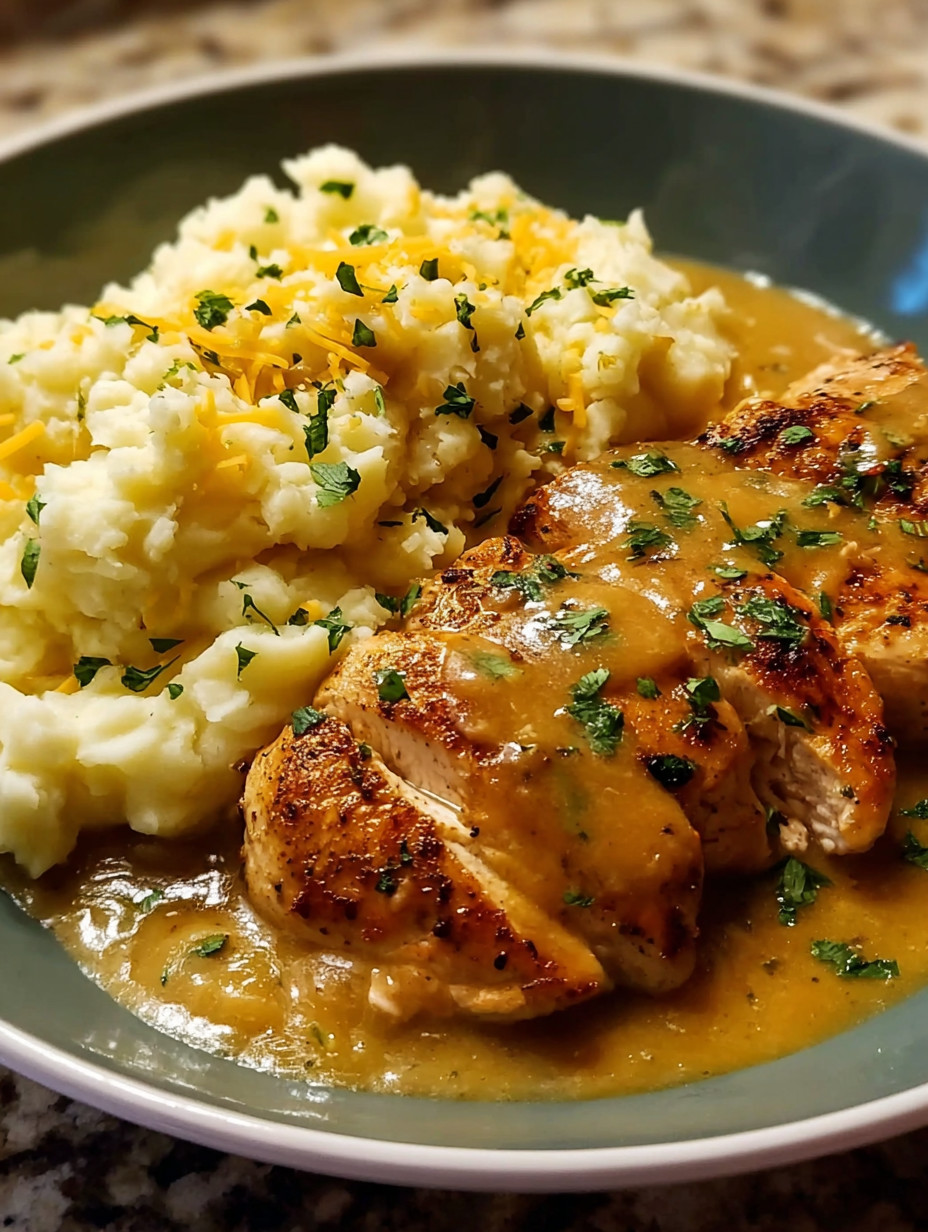 A plate of chicken and mashed potatoes with gravy.