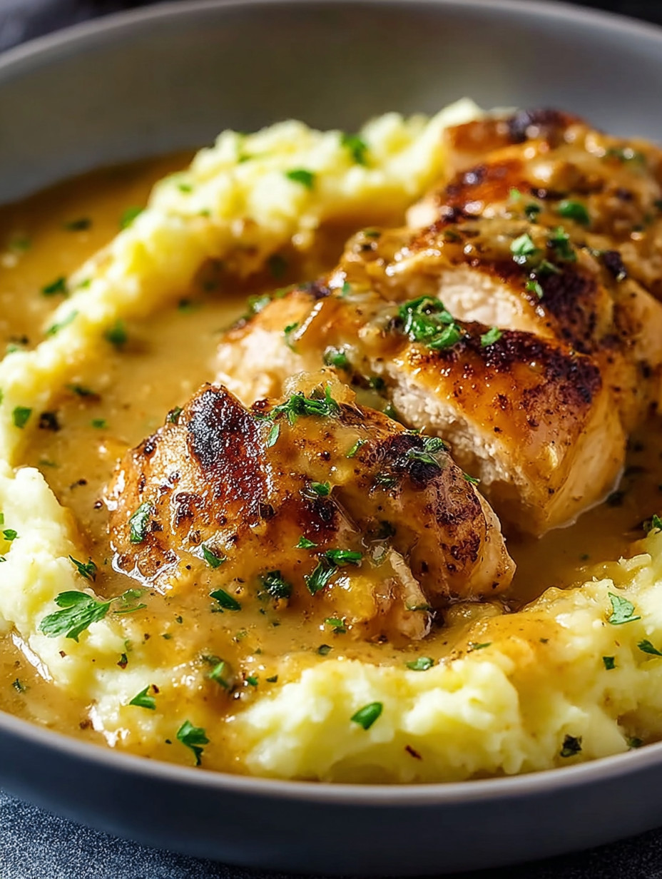 A plate of food with chicken and mashed potatoes.
