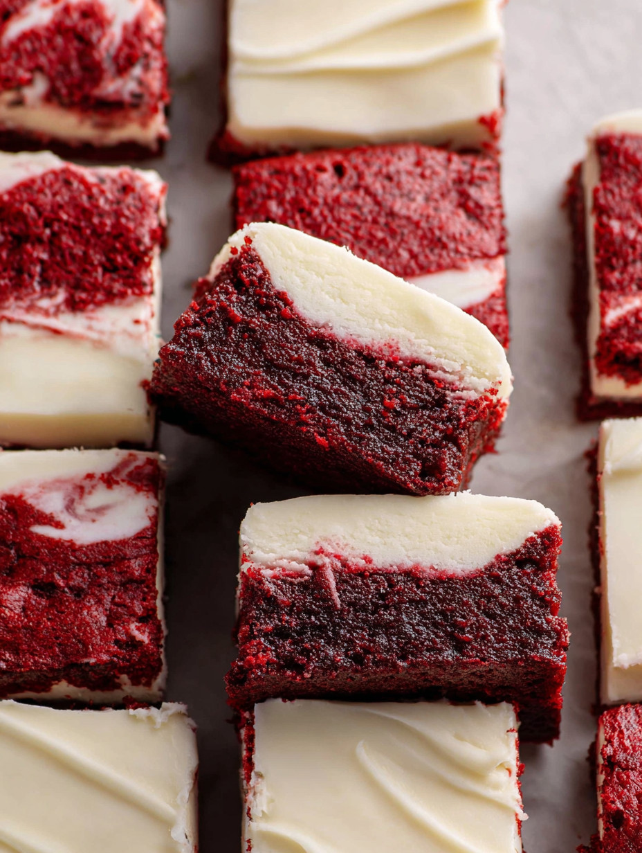 Red velvet brownies on a table.