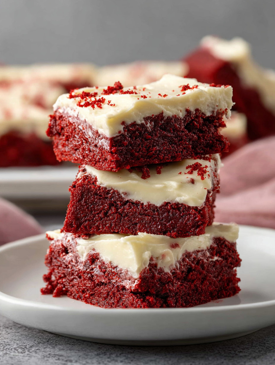 Three layers of red velvet brownies stacked on a plate.