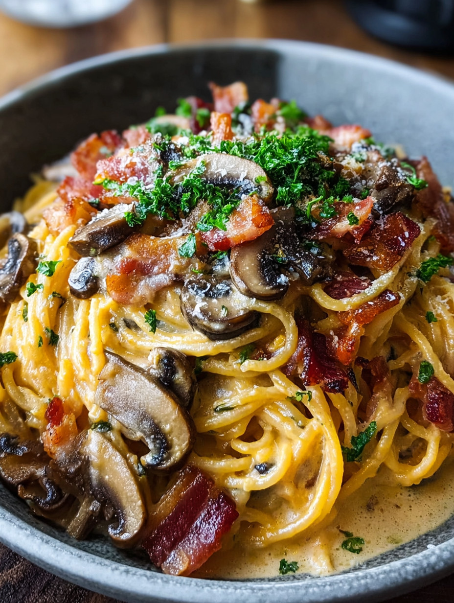 A bowl of spaghetti with mushrooms and bacon.