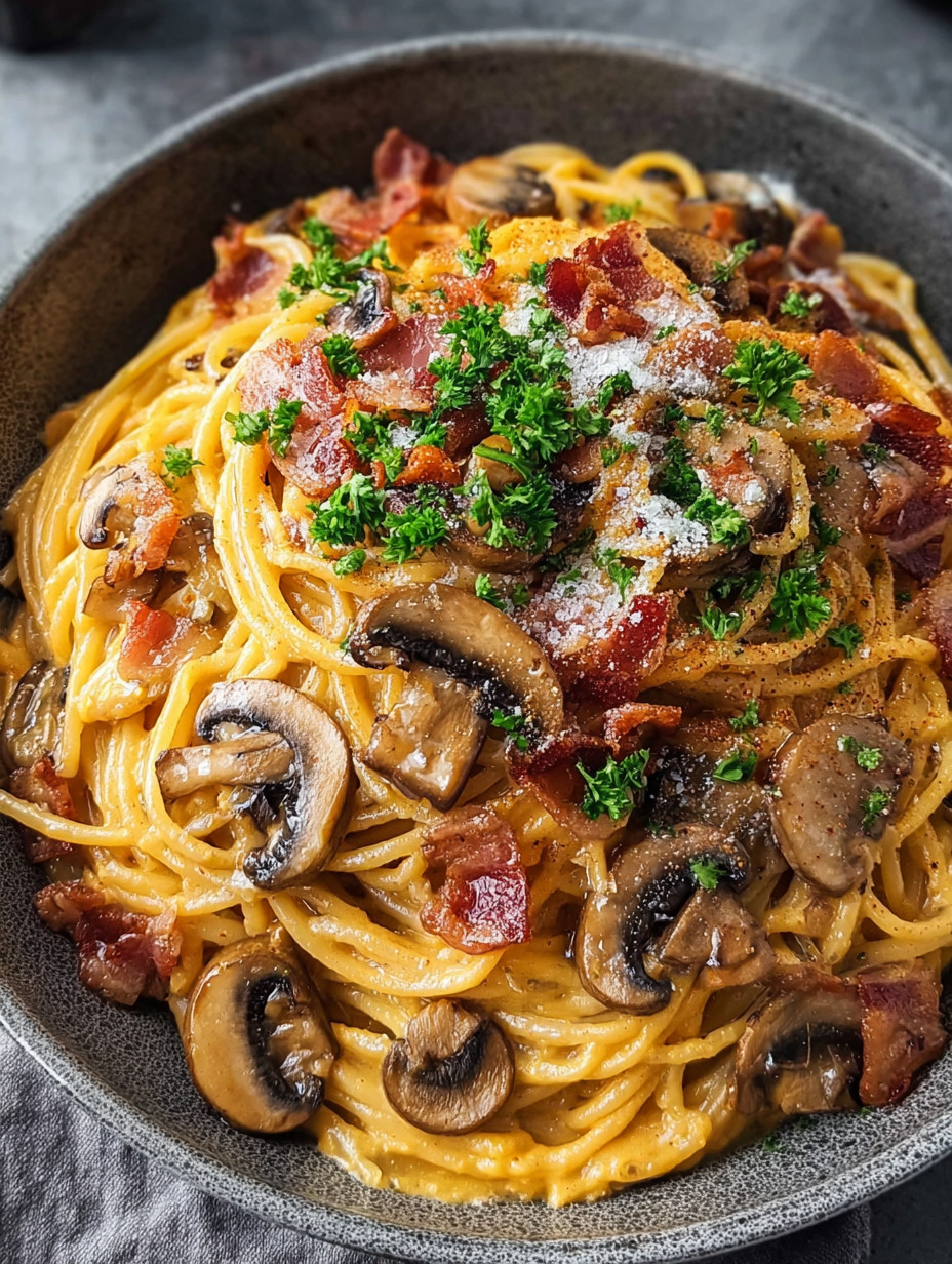 A bowl of spaghetti with mushrooms and bacon.