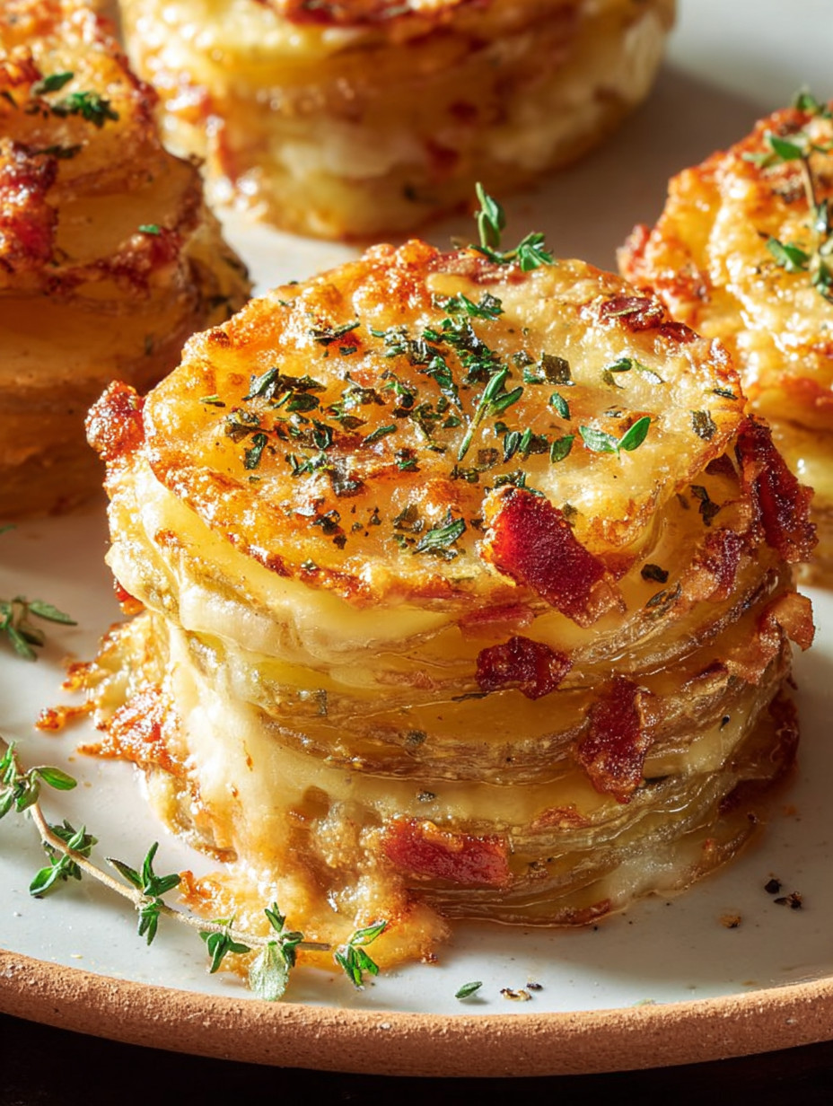 Potatoes au gratin stacks on a plate.
