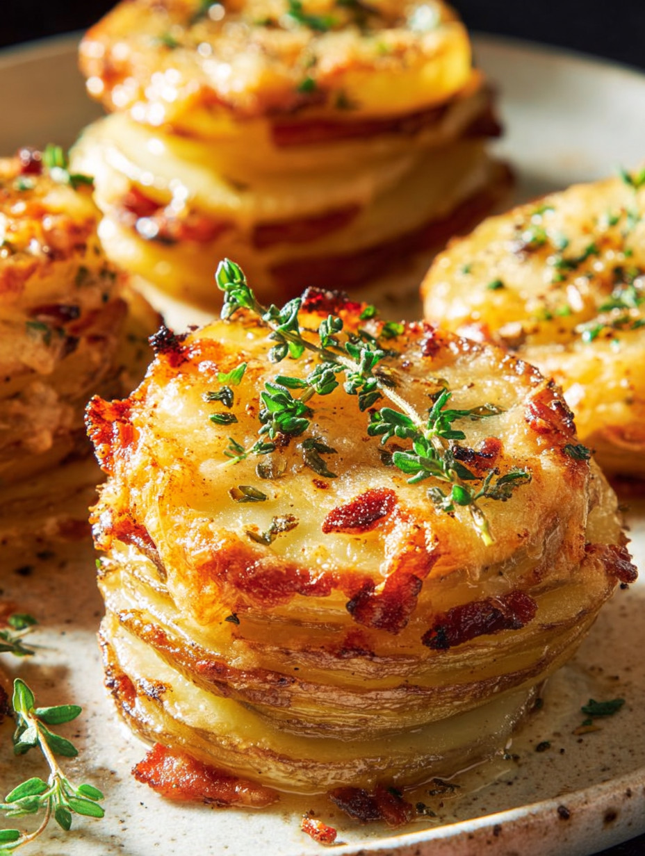 Potatoes au gratin stacks on a plate.