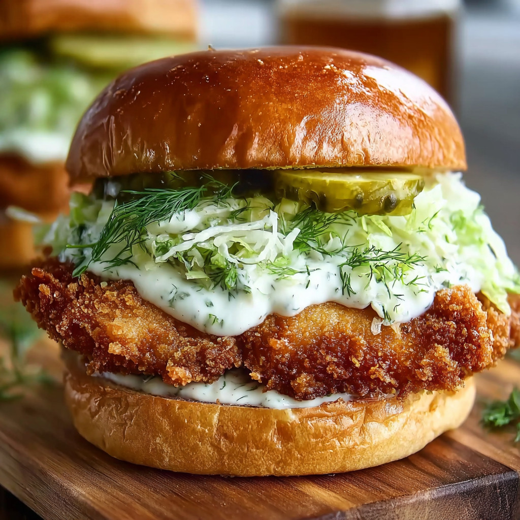 A Crispy Dill Chicken Sandwich on a wooden table.
