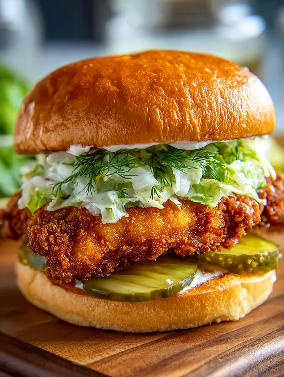 A Crispy Dill Chicken Sandwich on a wooden table.