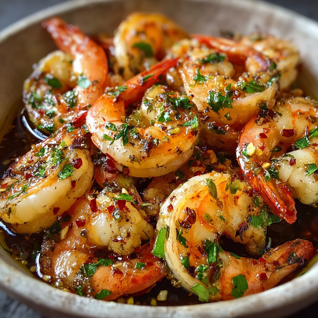 A bowl of shrimp with a marinade.