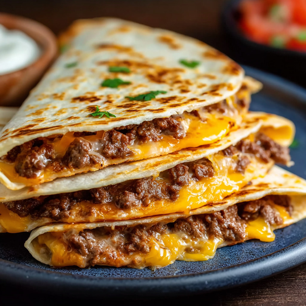A stack of quesadillas with cheese and meat.